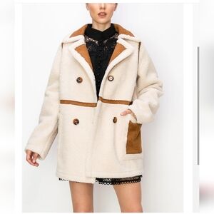 NWT Ina Faux Shearling Suede Double Breasted Coat Jacket Cream Ivory Bro…
